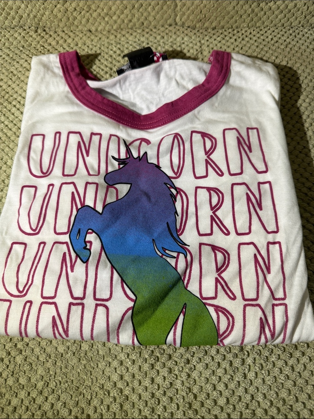 Girls White Long Sleeve Unicorn Ringer Tee - Pink Trim